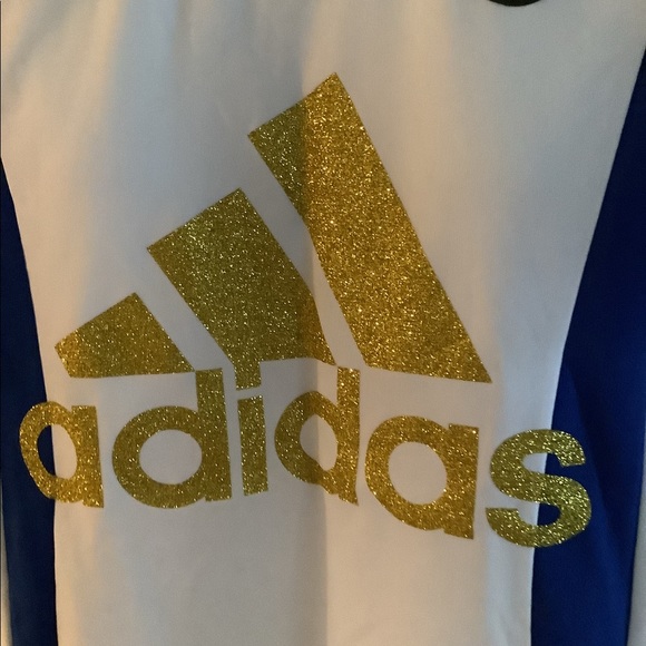 Adidas top stretchy royal blue and white top with gold sparkles . Nice look - Picture 3 of 9
